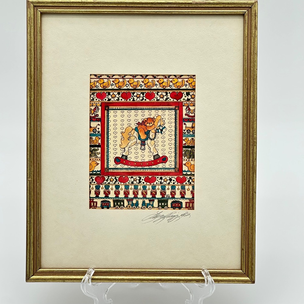 Lucy Rigg Art Print 1982 Framed 8x10 Multicolor Signed Teddy Bear Rocking Horse